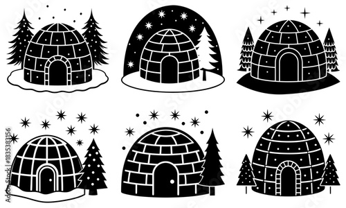 Collection of six black and white winter igloo scenes with trees and snowflakes in vector format