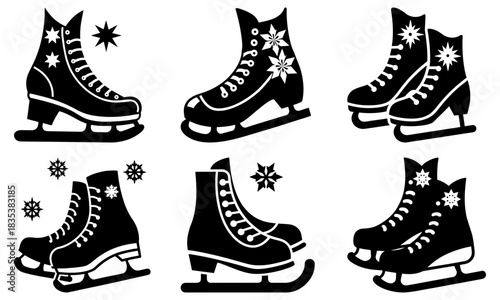 Collection of six black and white ice skate illustrations with decorative snowflakes and star shapes design