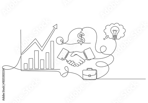 Continuous line art drawing of business growth, partnership, financial success, and innovative ideas