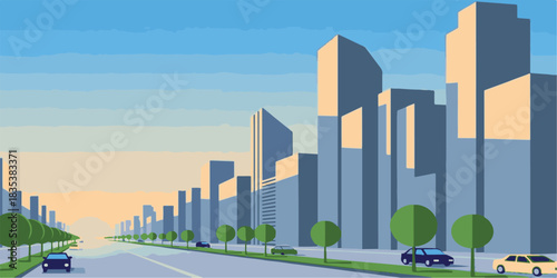 City skyline vector illustration of urban architecture and business buildings at morning landscape
