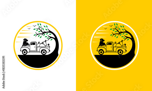 Dog Travel Logo: Illustration of a whimsical dog on a retro truck journeying amidst nature, embodying travel and the companionship of a furry friend.
