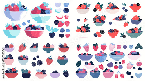 A vibrant set of berry illustrations featuring strawberries, blueberries, raspberries, and bowls of fresh fruit in modern colorful designs, perfect for healthy food and organic themes.