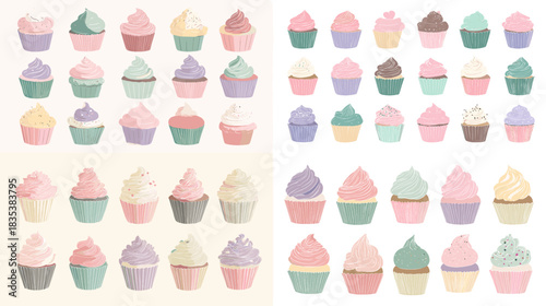 A collection of colorful cupcakes with soft pastel frosting and charming decorative details, presented in a clean and simple layout ideal for bakery themes and sweet dessert designs.