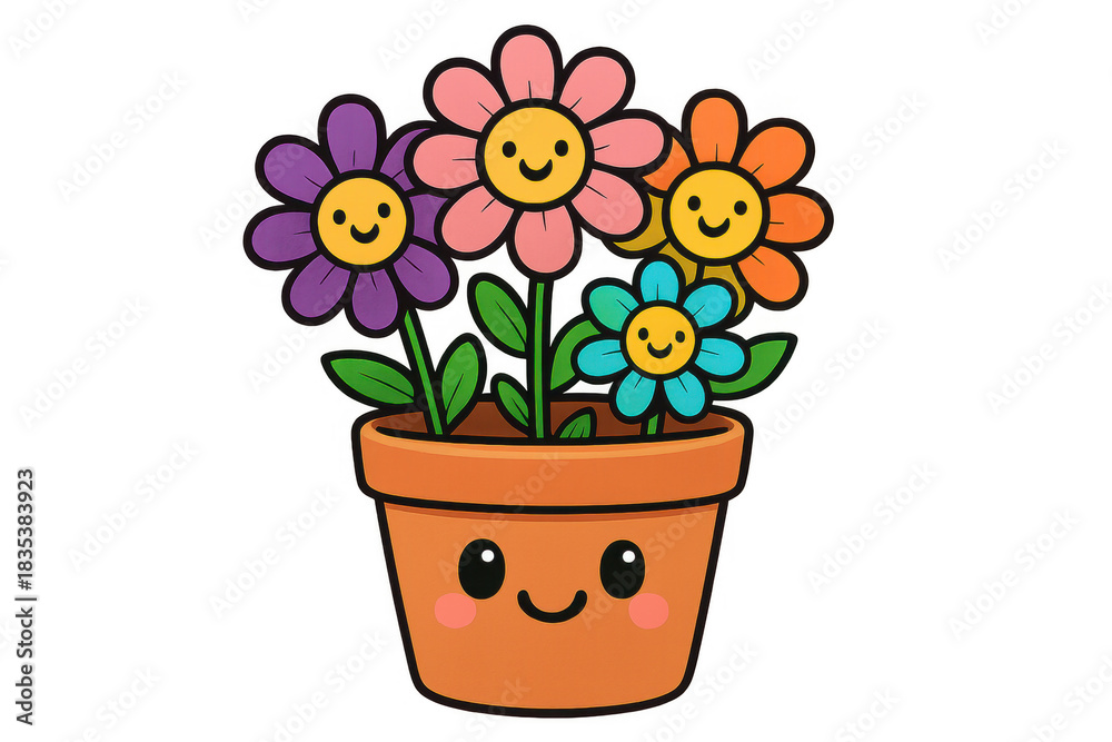 Fototapeta premium Cute cartoon flower pot with happy blooming multicolored flowers smiling, adorable kawaii plant drawing, transparent background