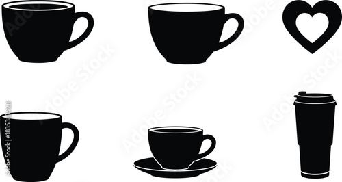 Modern black silhouette coffee tea cup travel mug and heart icons Vector