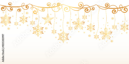 Hand-Drawn Snowflake Garland with Swirls and Stars. Elegant winter decorative snowflakes with ornamental symmetrical silhouettes shapes, ideal for Christmas graphics, holiday cards, patterns.