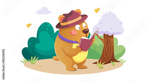 A cartoon bear detective sniffing clues in a bright forest, wearing a detective hat and reading a tiny notebook