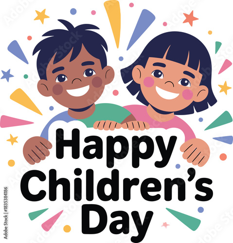 Happy children s day celebration with diverse kids smiling and holding a sign surrounded by colorful geometric shapes and stars promoting unity and joy