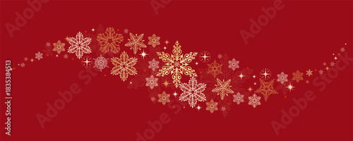 Elegant Golden Snowflake Swirl on Red Background. Abstract snowy wave shape. Swirling holiday ornament design with sparkling stars. Christmas holiday greeting card, poster, banner.