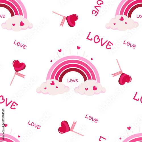 Seamless Valentines Day pattern with rainbows, heart shaped lollipops, clouds, and love text for wrapping paper, greeting cards, fabric prints, backgrounds, social media, printable crafts. Vector