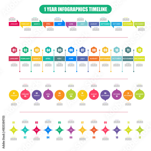 Year planner, 12 months, 1 year, Timeline infographics for Business Annual Planning Presentation Template with 12 Month Milestones Vector Set bundle collection