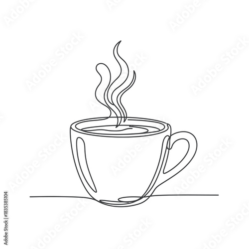 Hot coffee cup minimalist steaming mug one line art vector illustration