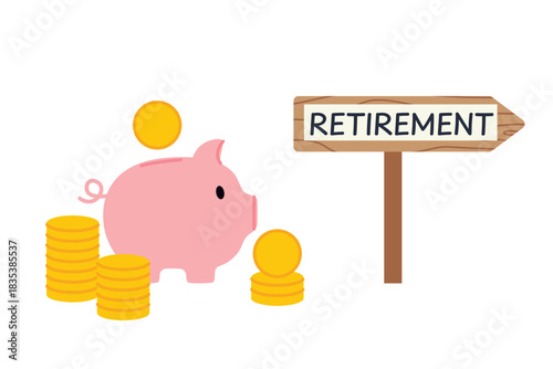 piggy bank with coins and a road sign labeled Retirement symbolizing financial planning and long-term savings- vector illustration
