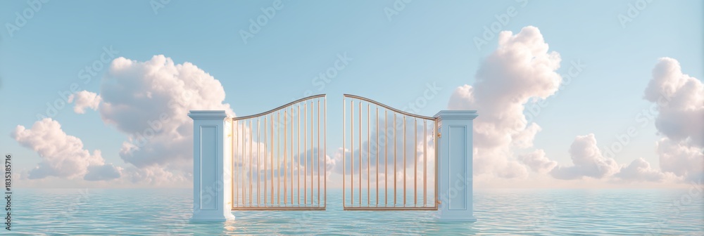 Obraz premium Gate is in the water with clouds in the background