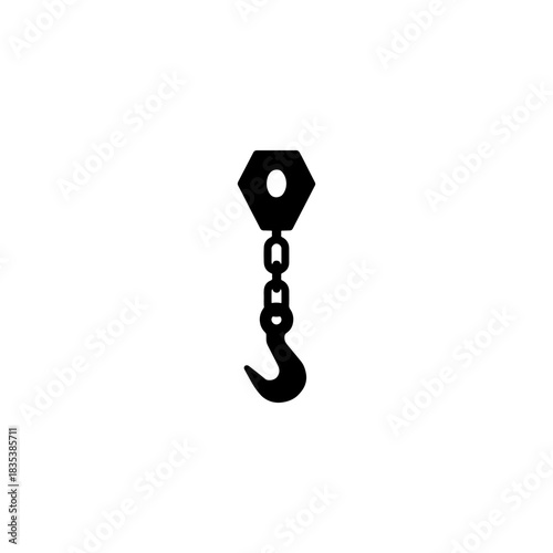 Black silhouette of a crane hook and chain on a white background