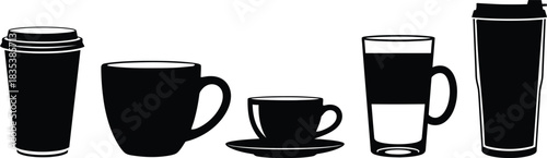 Coffee cup, mug, espresso, latte, and travel mug silhouette set. Vector