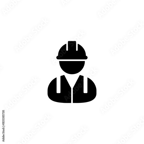 Simple black icon of a construction worker in a hard hat and vest