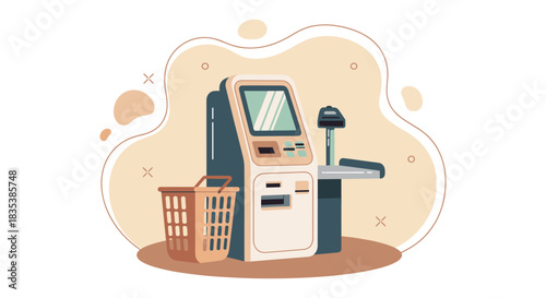 An illustrated self-checkout kiosk with a shopping basket, offering a modern and convenient way for customers to purchase goods in a store.