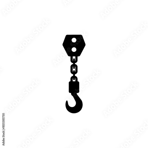 Black silhouette of a lifting hook and chain on a white background