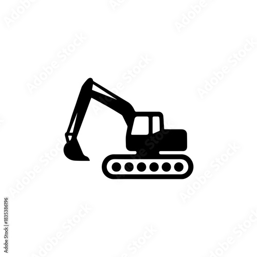 Black silhouette of an excavator on a white background