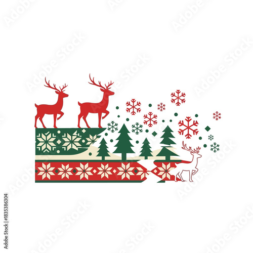 Festive Holiday Illustration Featuring Reindeer, Snowflakes, and Christmas Trees on a Decorative Strip