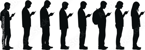 People silhouettes collection, men and women standing in line, group using smartphones, isolated vector, technology addiction concept.