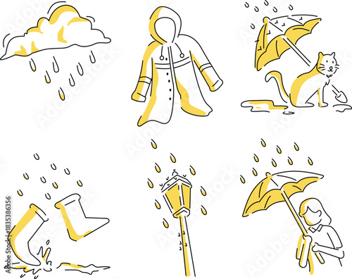 Illustrations of things related to rain, umbrellas, raincoats, boots, and rainy scenes