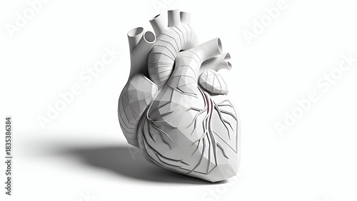 Digital Heart Model with Geometric Design and Anatomical Details in White Background