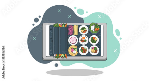 A digital illustration showcases various sushi rolls and plates arranged on a tablet screen, perfect for food blogs or online menus.