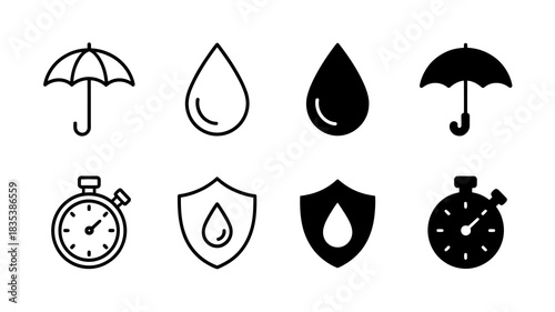 Set of eight simple black and white icons representing water resistance protection and time measurement including umbrellas water drops shields and stopwatches for design concepts