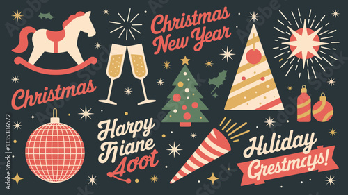Festive collection of christmas and new year holiday elements including a rocking horse champagne glasses christmas tree fireworks party popper bauble and celebratory text on a dark background