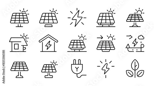 Collection of simple line art icons representing solar energy and renewable power generation including solar panels lightning bolts houses and plant leaves for eco friendly concepts