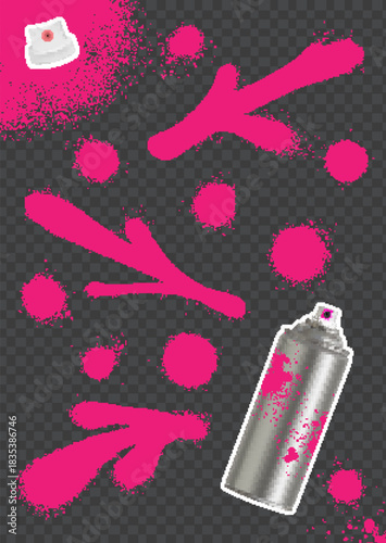 Spray paint streaks and drips with metallic aerosol can on transparent background.