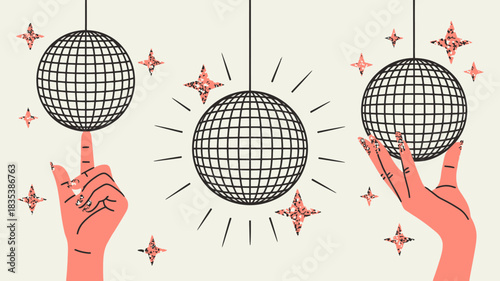 Three hanging disco balls illuminated by radiating lines and surrounded by golden starbursts with two hands reaching up towards them creating a vibrant party or celebration atmosphere