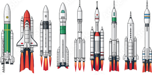 International Space Launch Vehicle Collection: Detailed Vector Illustration of Modern and Historic Heavy-Lift Rockets, Shuttles, and Orbital Boosters for Aerospace, Science, Technology, 