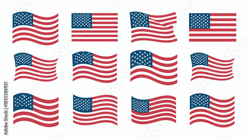Collection of twelve distinct american flags waving in the wind showcasing various styles and perspectives of the iconic stars and stripes symbol of the united states of america