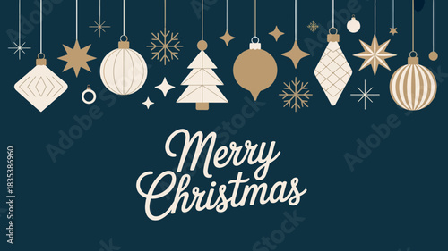 Festive merry christmas greeting card featuring hanging ornaments like baubles snowflakes stars and a christmas tree against a dark blue background with white text