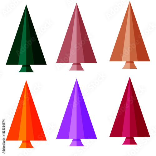 Set of six colorful, minimalist, geometric Christmas trees or festive conical arrow icons on white background.