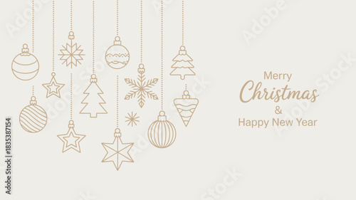 Elegant hand drawn christmas ornaments and decorations in a minimalist line art style with a subtle gold shimmer on a light cream background perfect for holiday greetings and festive designs