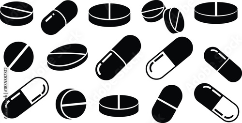 Medical pill and capsule icons: health, drug, and pharmacy symbols Vector