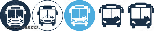 Public transportation bus icon set vector illustration design elements, city travel mass transit symbol, passenger vehicle front view graphics, route journey sign collection isolated