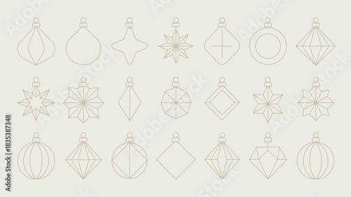 A collection of delicate line art ornaments in various geometric and snowflake shapes rendered in subtle pastel colors on a light background perfect for festive or decorative designs