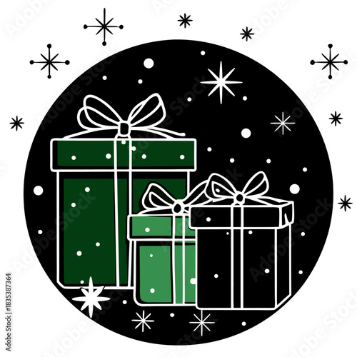 Christmas Gift Boxes with Golden Ribbon and Holiday Decorations on Green Background