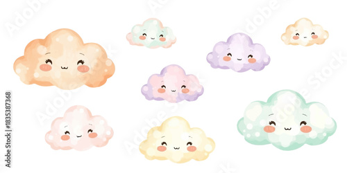 Collection of whimsical watercolor clouds, rain, water, of various shapes and sizes, with fun and cartoony emotions, for children's designs, stickers or illustrations for fairy tale books, vector
