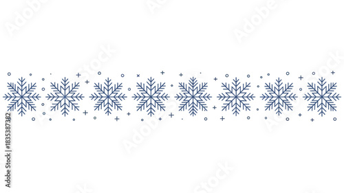A horizontal decorative border featuring a repeating pattern of delicate blue snowflakes and tiny sparkling dots on a clean white background evoking a wintery and festive holiday theme