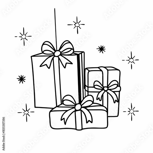 Christmas Gift Boxes with Golden Ribbon and Holiday Decorations on Green Background
