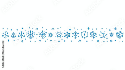 Delicate blue snowflake border design with a variety of intricate patterns and shapes perfect for winter holiday decorations and festive graphic elements