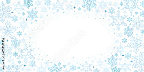 Elegant Snowflake Border Frame With Blue Colors. Decorative Christmas background with swirling dotted lines, frosty ornaments, and icy seasonal elements, perfect for holiday cards, invitations