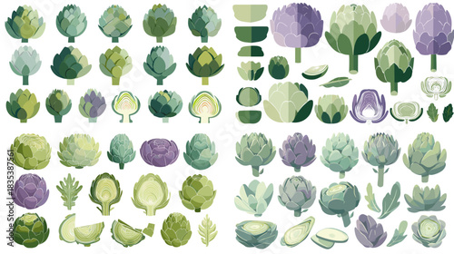 Fresh artichoke and green vegetable icon set with sliced pieces, leafy forms, and botanical textures. Ideal for food graphics, organic themes, farm illustrations, and healthy culinary designs.