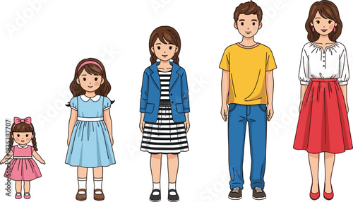 Happy cartoon family standing together, cute children and parents illustration, stylish outfits, smiling group characters, family lifestyle concept artwork